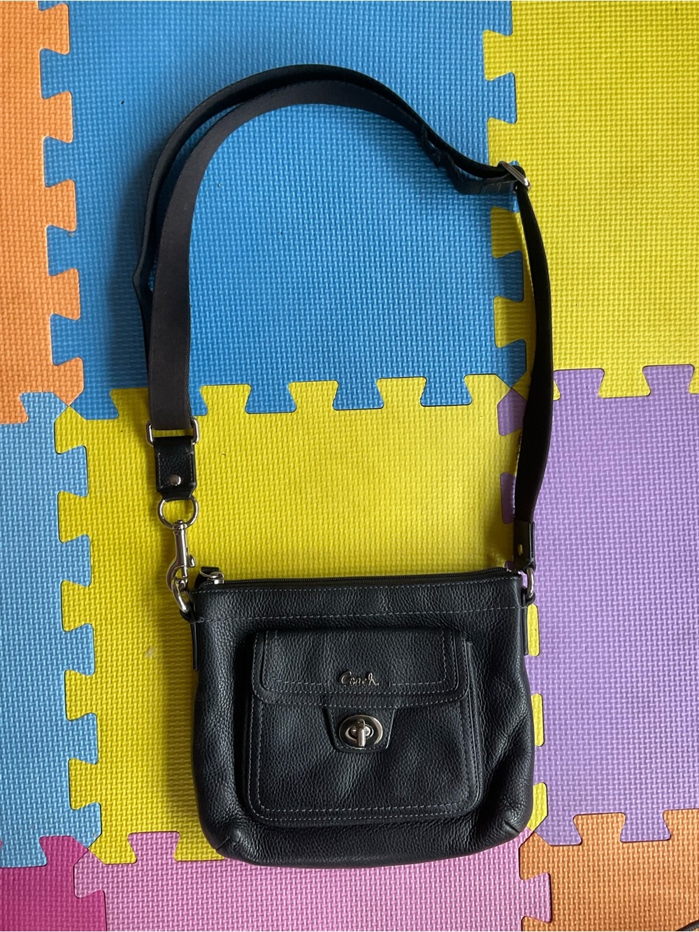 🐝Vintage Coach Penelope Leather Swingpack Crossbody Bag Black Silver Turn-lock